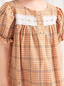 SHEIN 小女童格紋泡泡袖荷葉邊洋裝