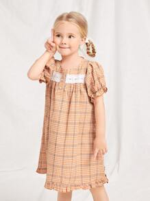 SHEIN 小女童格紋泡泡袖荷葉邊洋裝