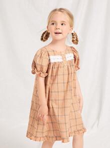 SHEIN 小女童格紋泡泡袖荷葉邊洋裝