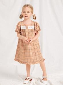 SHEIN 小女童格紋泡泡袖荷葉邊洋裝