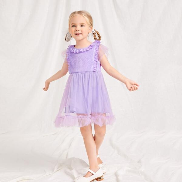 

Toddler Girls Mesh Frill Trim Butterfly Sleeve Dress, Purple