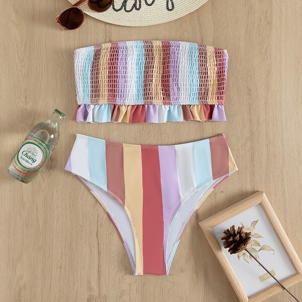 

Striped Smocked Ruffle Hem Bandeau Bikini Swimsuit, Multicolor