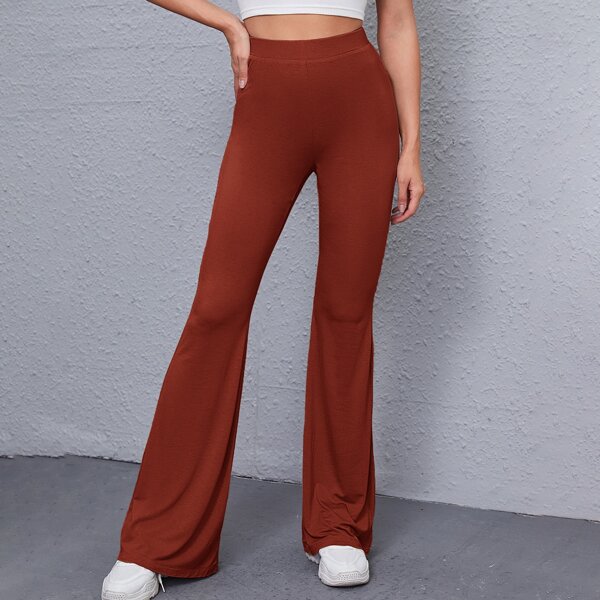 

Solid High-Rise Flare Pants, Rust brown