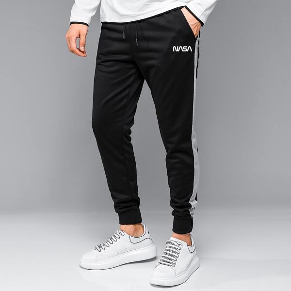 

Men Letter Graphic Contrast Side Seam Drawstring Sweatpants, Black