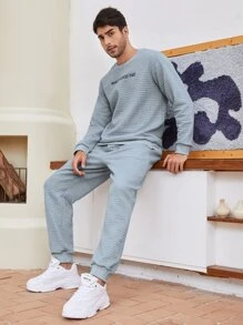 Manfinity Men Slogan Graphic Textured Sweatshirt With Joggers - Light Grey - View 1