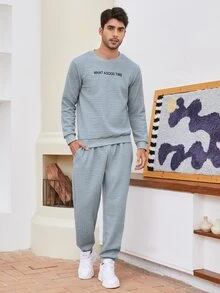 Manfinity Men Slogan Graphic Textured Sweatshirt With Joggers - Light Grey - View 3