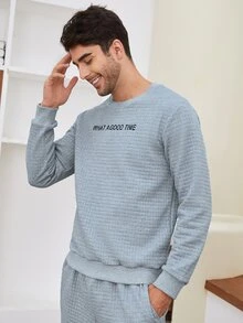 Manfinity Men Slogan Graphic Textured Sweatshirt With Joggers - Light Grey - View 4