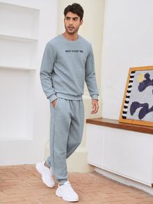 Manfinity Men Slogan Graphic Textured Sweatshirt With Joggers - Light Grey - View 5