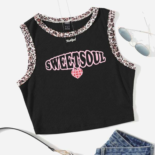 

Heart & Letter Graphic Rib Knit Contrast Leopard Binding Tank Top, Black