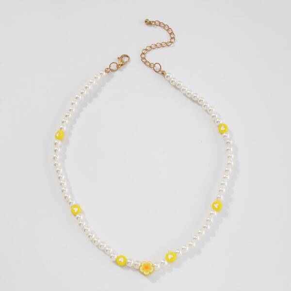 

Flower Decor Faux Pearl Beaded Necklace, Yellow