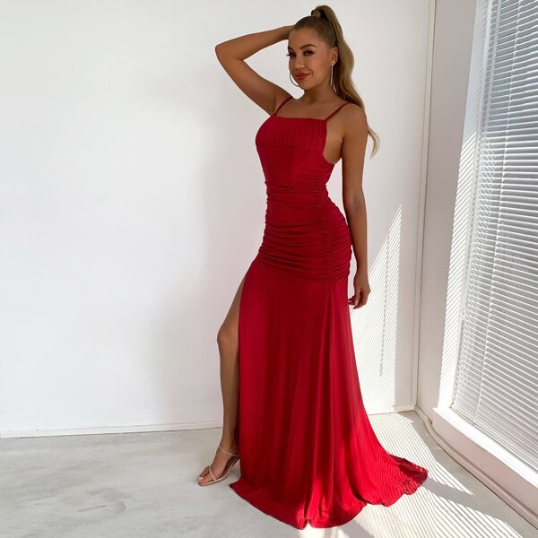 

Split Thigh Ruched Cami Dress, Red