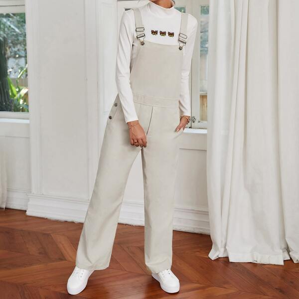 

Slant Pocket Button Side Pinafore Jumpsuit, Beige