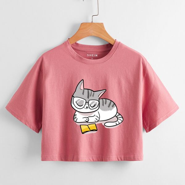 

Cartoon Cat Crop T-Shirt, Dusty pink