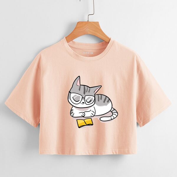 

Cartoon Cat Crop T-Shirt, Baby pink