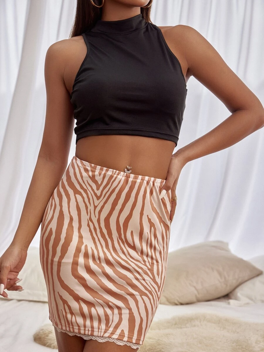 Chiquease Zebra Stripe Lace Trim Bodycon Skirt - Multicolor - View 1