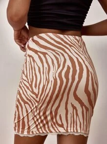 Chiquease Zebra Stripe Lace Trim Bodycon Skirt - Multicolor - View 2