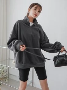 DAZY Half Zip Drop Shoulder Oversized Fleece Sweatshirt - Dark Grey - View 1