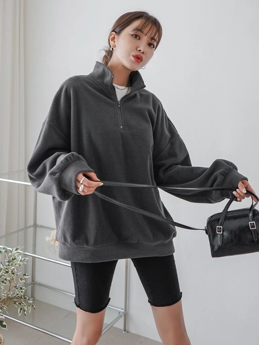 DAZY Half Zip Drop Shoulder Oversized Fleece Sweatshirt - Dark Grey - View 1