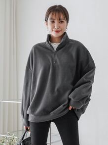 DAZY Half Zip Drop Shoulder Oversized Fleece Sweatshirt - Dark Grey - View 5