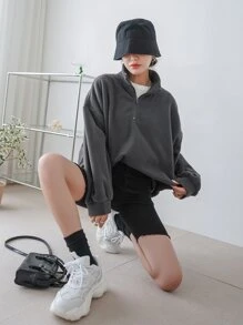 DAZY Half Zip Drop Shoulder Oversized Fleece Sweatshirt - Dark Grey - View 6