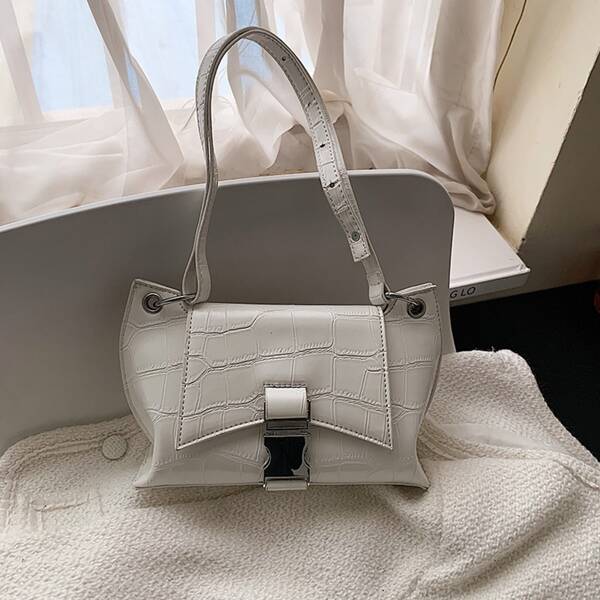 

Croc Embossed Flap Baguette Bag, White
