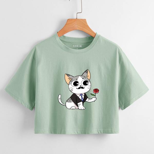 

Cartoon Cat Crop T-Shirt, Mint green