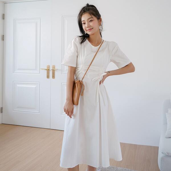 

Solid Drawstring Ruched A-line Dress, White