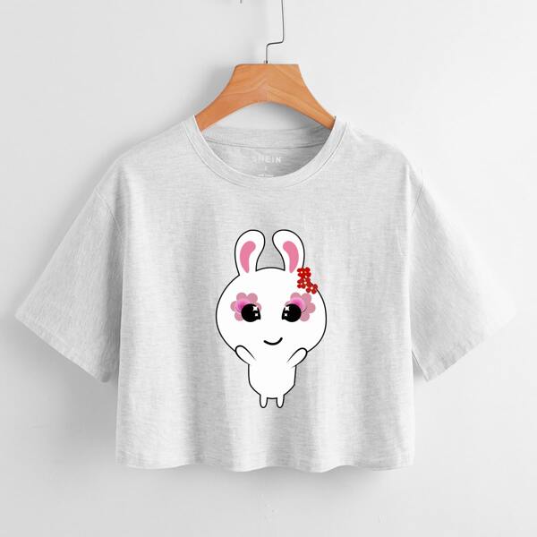 

Cartoon Graphic Crop Tee, Light grey