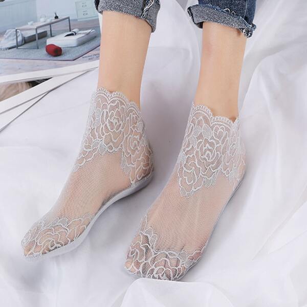 

Flower Print Lace Ankle Socks, Grey