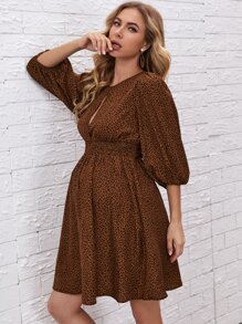 SHEIN Váy Bà bầu Nút Cắt ra Dải chun Báo Thanh lịch - Cà phê nâu - Xem 3