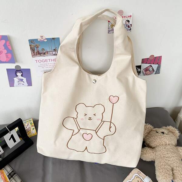 

Cartoon Bear Graphic Shopper Bag, White