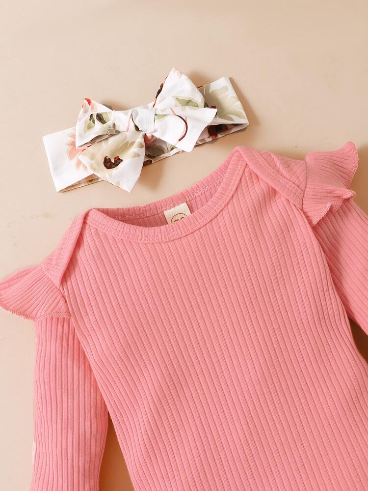 Body Con Volantes Para Bebé Niña Y Pantalones Florales Estilo Bolsa De Papel Con Diadema - Multicolor - Añade 5