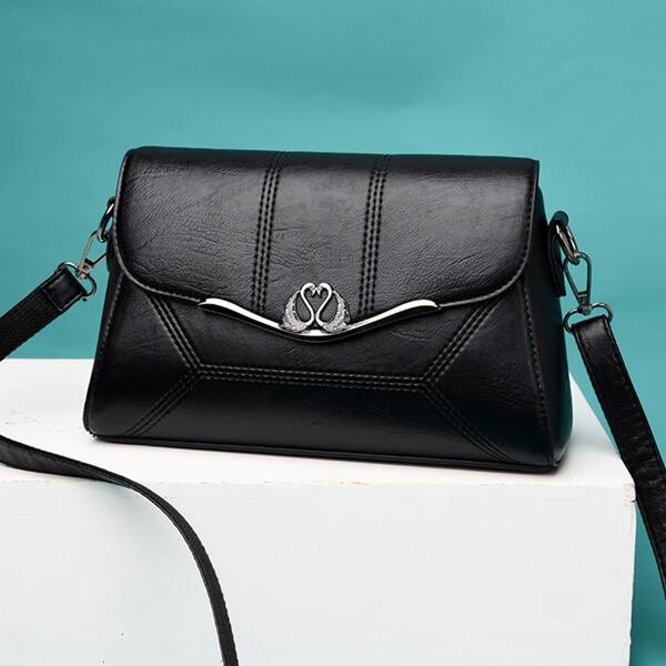 

Swan Decor Edge Flap Crossbody Bag, Black