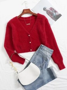SHEIN Unity Cárdigan mullido con botón - Rojo - Ver 1