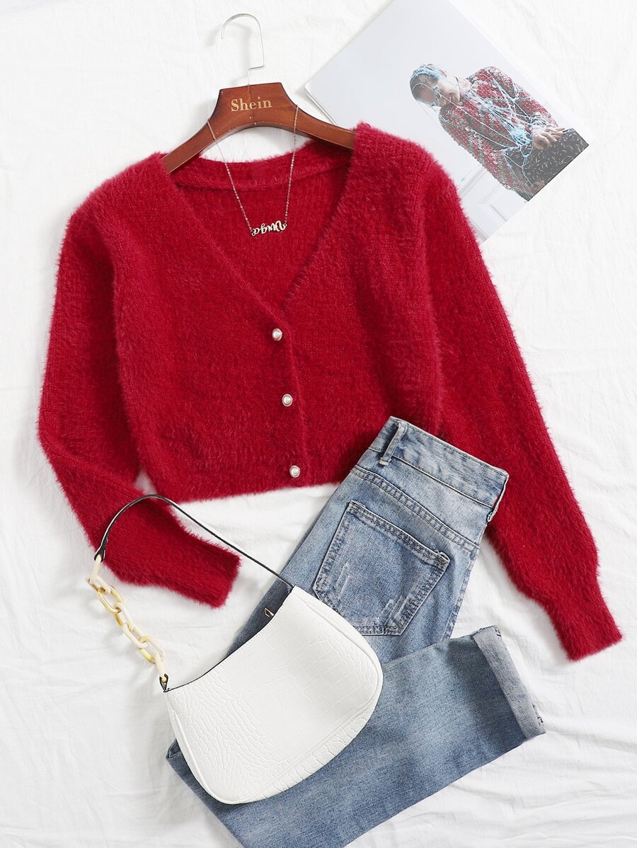 SHEIN Unity Cárdigan mullido con botón - Rojo - Ver 1