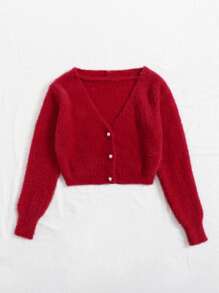 SHEIN Unity Cárdigan mullido con botón - Rojo - Ver 5