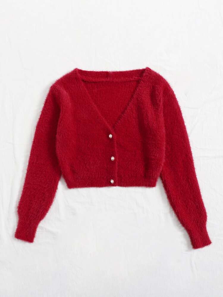 SHEIN Unity 珍珠紐扣毛絨開衫 - 紅色 - 查看 5