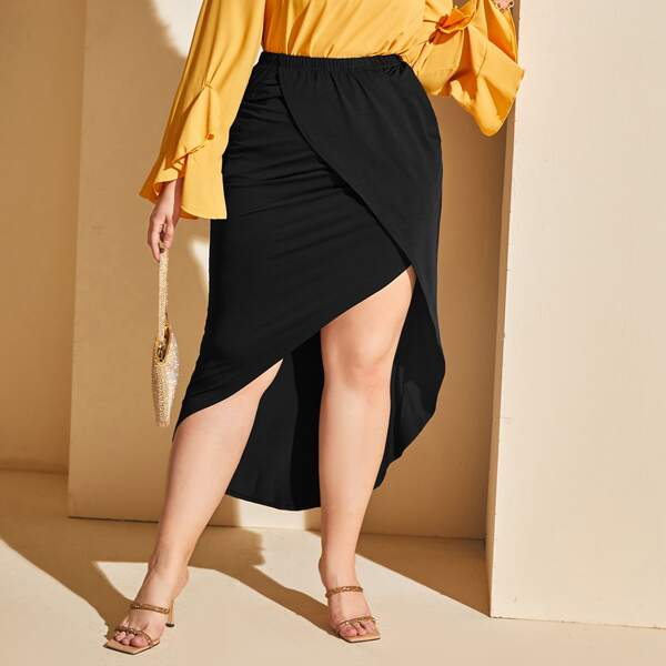 

Plus Asymmetrical Tulip Hem Skirt, Black