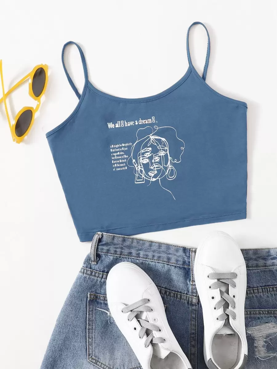 SHEIN EZwear 人像和標語圖案短版吊帶上衣 - 霧霾藍 - 查看 1