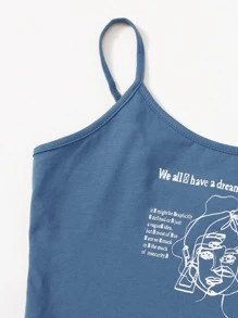 SHEIN EZwear 人像和標語圖案短版吊帶上衣 - 霧霾藍 - 查看 4