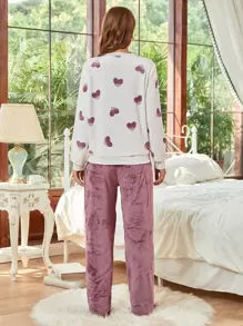 Heart Print Flannel Sweatshirt & Trousers PJ Set - Multicolor - View 2