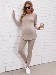 SHEIN 孕妇开衩长袖上衣和可调节松紧腰裤