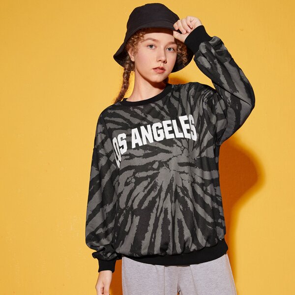 

Teen Girls Letter Graphic Tie Dye Pullover, Dark grey