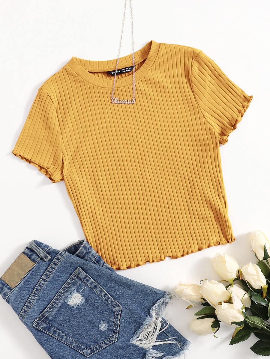 SHEIN EZwear Solid Lettuce Trim Rib-knit Tee - Mustard Yellow - View 1