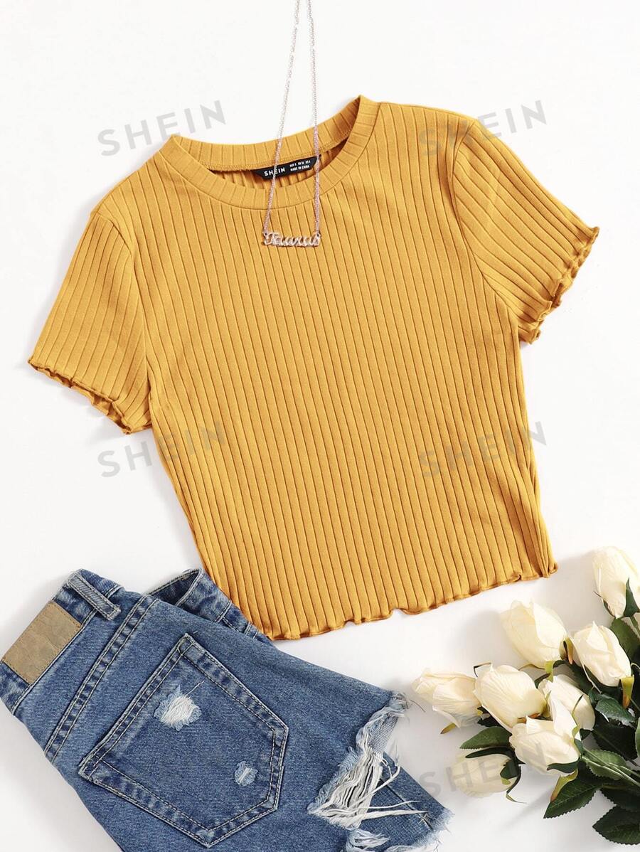 SHEIN EZwear Camiseta tejida de canalé ribete en forma de lechuga unicolor - Mostaza Amarilla - Ver 1