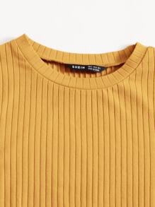 SHEIN EZwear Solid Lettuce Trim Rib-knit Tee - Mustard Yellow - View 4