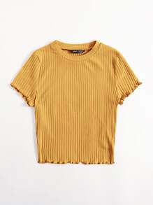 SHEIN EZwear Solid Lettuce Trim Rib-knit Tee - Mustard Yellow - View 5