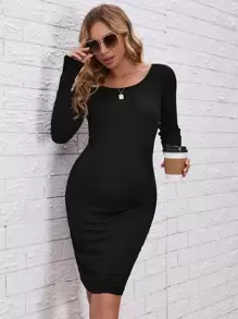 SHEIN Maternidad Vestido ajustado tejido de canalé - Negro - Ver 1
