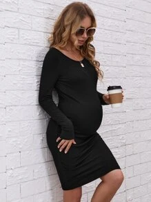 SHEIN Maternidad Vestido ajustado tejido de canalé - Negro - Ver 4