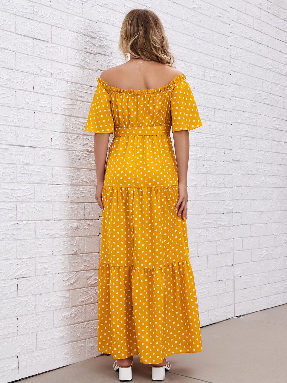 Maternity Polka Dot Off Shoulder Ruffle Hem Belted Dress